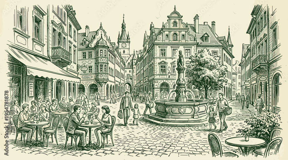 Obraz premium Hand-drawn sketch of a bustling old European town square with a decorative fountain, charming buildings, and people enjoying outdoor cafe seating.
