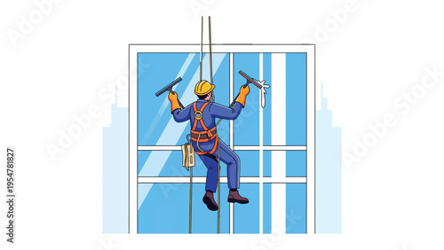 Cleaning High: A professional window cleaner suspended high above the ground, diligently washing expansive glass panes to achieve a pristine finish.