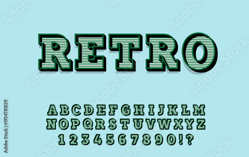Retro Striped Alphabet Font Set - Vintage 3D Typography with Letters Numbers and Punctuation on Light Blue Background
