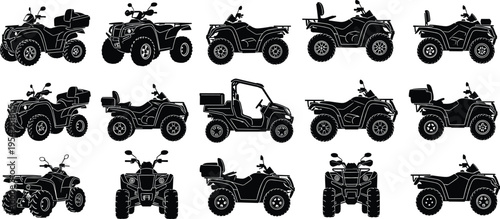 ATV quad bike silhouettes collection with off road utility vehicles in different views isolated vector illustration set for adventure transport
