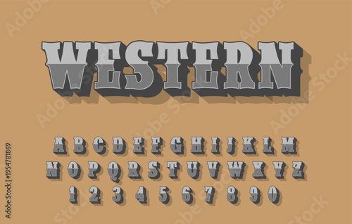 Western 3D Metallic Alphabet Font Set - Vintage Typography with Letters Numbers and Punctuation on Brown Background