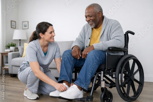 Wallpaper Mural Caregiver assisting senior man in wheelchair at home setting. Ai generative Torontodigital.ca