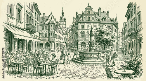 Hand-drawn sketch of a bustling old European town square with a decorative fountain, charming buildings, and people enjoying outdoor cafe seating.