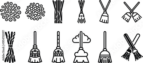 Broom and brush cleaning tool icons set with different styles isolated vector illustration collection for housekeeping and sanitation design