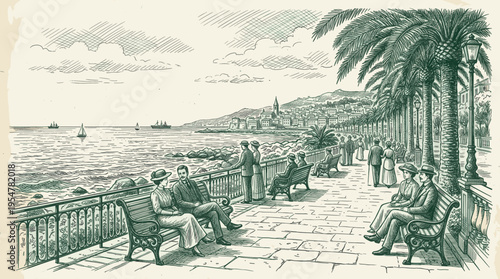 A charming hand-drawn illustration depicts elegantly dressed couples strolling and relaxing on a seaside promenade lined with palm trees, with a coastal town and ocean in the background.
