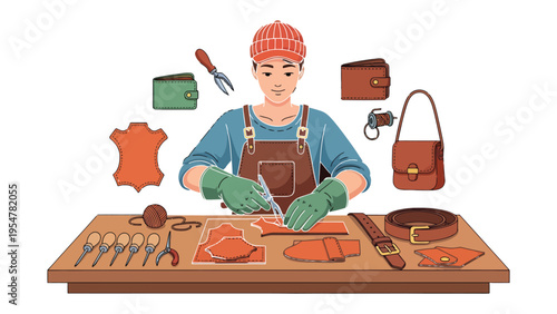 Artisan Crafting Leather Goods: An artisan skillfully working on leather, surrounded by essential tools and finished products, crafting with precision and passion.