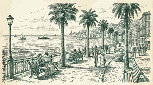 A classic, sepia-toned line drawing depicts a vibrant European seaside promenade with palm trees, sailboats, and elegantly dressed people strolling and relaxing.