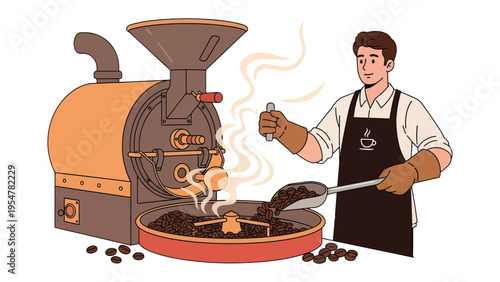 Artisan Crafting: A skilled barista expertly roasts coffee beans in a vintage machine, adding a personal touch to the process. The aroma of freshly roasted coffee fills the air.