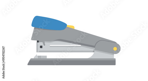 Gray stapler with blue and yellow accents on white background