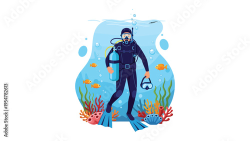 Aquatic Explorer's Journey: An illustration of a diver, submerged beneath the sea's surface, poised for underwater exploration, surrounded by marine life and ocean wonders.