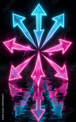 Neon arrows glow in pink and blue reflecting on dark water surface.