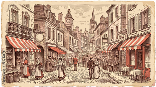An illustrative depiction of a bustling European street with stone buildings, striped awnings, outdoor market stalls, a cafe, and strolling pedestrians in vintage attire.