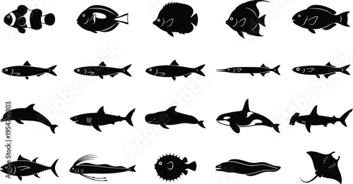 Set of marine life icons including shark, whale, dolphin, ray, tuna, and various tropical reef fish vector silhouettes, isolated