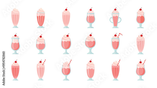 Collection of various pink milkshake and smoothie icons in different glass shapes with cherries