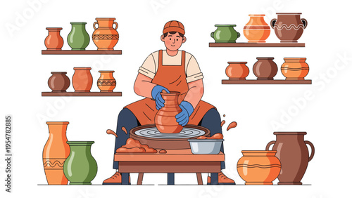Potter at Work: A skilled potter meticulously crafts a clay pot on a spinning wheel, showcasing the art of pottery with shelves displaying various handmade ceramic vases.