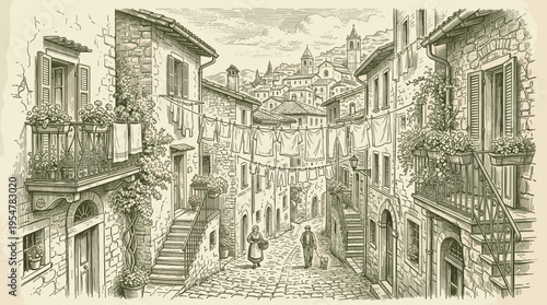 A vintage sketch depicts a narrow European village street with stone buildings, balconies overflowing with flowers, and laundry hanging to dry overhead.