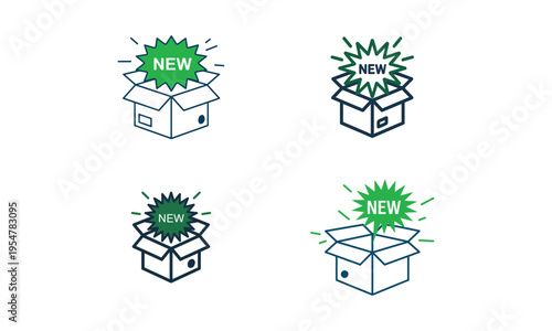 Open box new product explosion icons with surprise packaging concept 