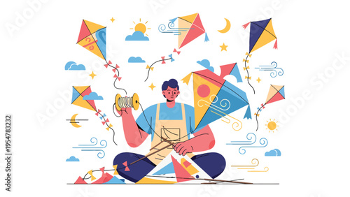 Skyward Dreams: A person diligently crafts and prepares kites, showcasing vibrant designs, against a backdrop of the sky, embracing the joy of flight and playful pursuits.