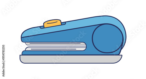 blue stapler with yellow handle on white background