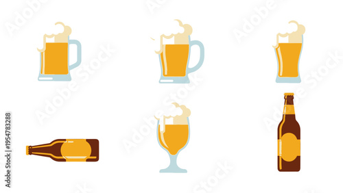 Set of beer glasses and bottles on white background, various shapes and styles, alcoholic drink