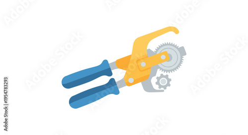 illustration of yellow pipe wrench with blue handles and gear