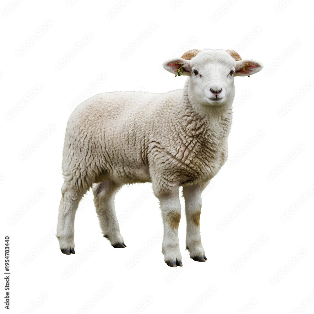 Fototapeta premium A young sheep stands on a white background looking at the camera.