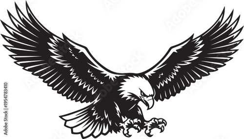 Black silhouette of an eagle flying with wings spread on a white background