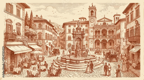An antique illustration depicts a lively European town square with a fountain, cafes, and people enjoying leisure activities in a sepia tone.