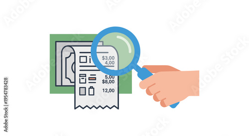 Hand holding magnifying glass over receipt and invoice, examining expenses