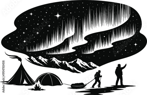 Camping Under the Aurora Borealis Vector Illustration – Tent, Campfire, Mountains, and Stargazing Adventure