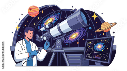 Astronomer's Cosmic Vantage: An astronomer gazes through a telescope, peering into the vastness of the cosmos, galaxy and planets within the observation station and observing the deep universe.