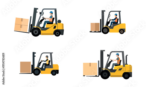 Warehouse forklift trucks carrying boxes in industrial logistics set 