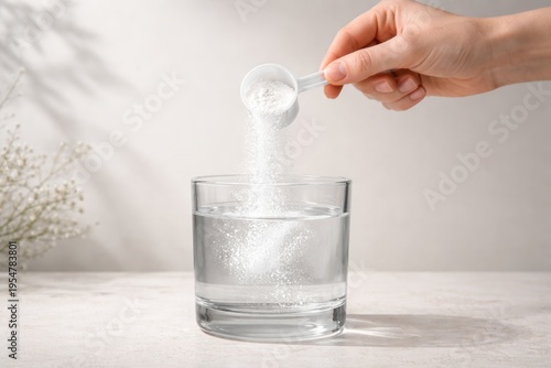 Wallpaper Mural Collagen powder being poured into glass of water on light background. Ai generative Torontodigital.ca