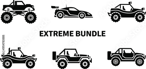 Extreme vehicle silhouettes bundle with off road trucks sports car and jeep icons isolated vector illustration set for adventure transport design