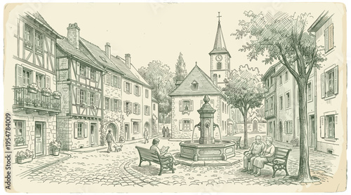 A charming hand-drawn sketch depicts a quaint European village square with a fountain, cobblestone streets, and people enjoying the scene, evoking a nostalgic and peaceful mood.