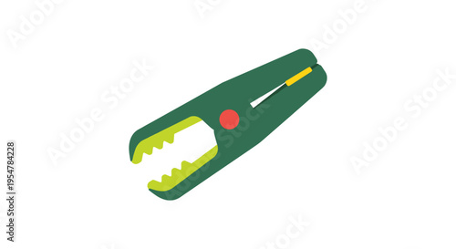 Green plastic crocodile clip with yellow jaws and red button