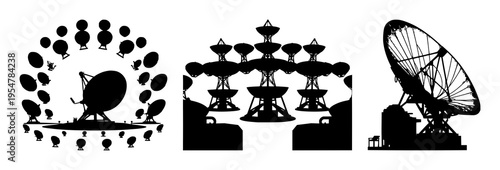 Solid black silhouette of a massive satellite dish array, global data connectivity theme, geometric sharp profile, white background. set with simple line art design featuring line art, illustration...