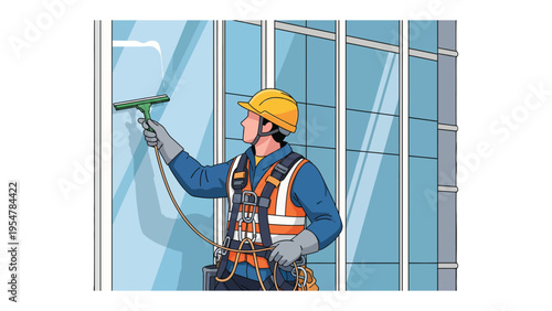City Skyscraper Window Washer: A dedicated window cleaner, suspended by safety harnesses, meticulously cleans the expansive windows of a towering skyscraper.