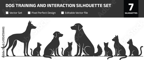 Set of dog and cat silhouettes sitting in a row, domestic pets collection, minimalist vector illustration isolated on white background, animal design elements