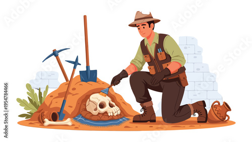 Unearthing History: An archaeologist meticulously excavates a fossilized skull from a dig site, surrounded by tools and artifacts, revealing glimpses of the past.