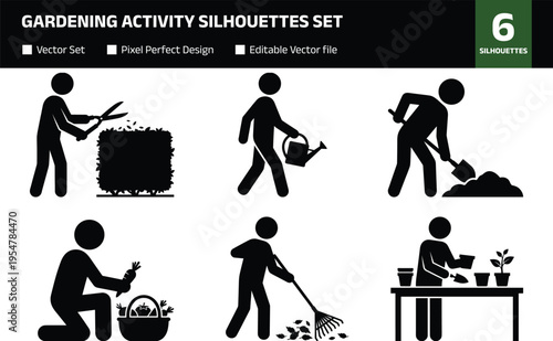 Collection of gardening activity silhouettes including pruning plants, watering flowers, digging soil, raking leaves and potting seedlings, gardener work vector set isolated on white background
