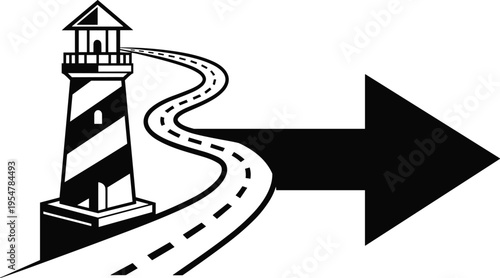 Lighthouse with winding road and direction arrow silhouette isolated vector illustration for navigation guidance travel concept and wayfinding design
