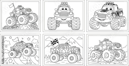 Monster truck coloring pages set with cartoon off road vehicles for kids activity book line art illustration collection