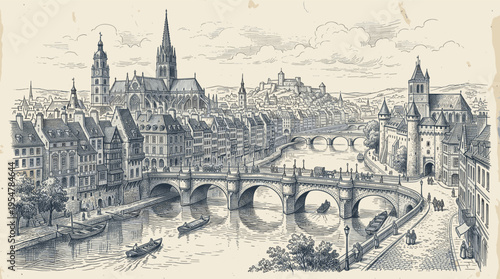 An intricately detailed ink sketch depicts a historic European city with a wide river flowing through it, spanned by arched bridges and lined with old buildings.
