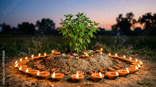 Sacred Plant Basil Surrounded by Lit Diyas at Sunset During Katti Bihu
