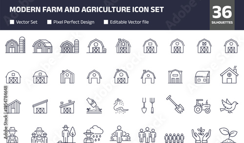 Modern farm and agriculture icon set featuring barns tools farmers livestock and rural elements minimal line vector collection for infographic web and mobile design