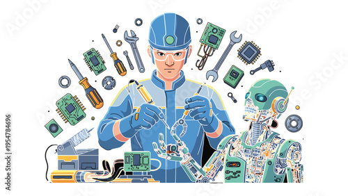 Technician and robot work: An illustration showcases a technician focused on assembling circuit boards, alongside a detailed robot, both surrounded by tools