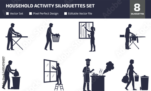 Set of household activity silhouettes showing people doing daily chores including ironing shopping window cleaning cooking and waste disposal representing home lifestyle and domestic work