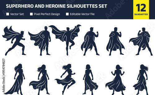 Set of superhero and heroine silhouettes in dynamic poses with flowing capes, minimalist vector illustration collection isolated on white background, comic character design elements