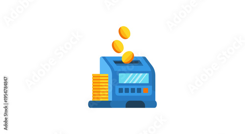 blue money machine with gold coins and bills